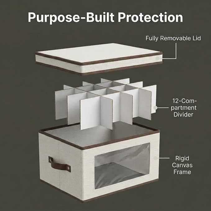 Household Essentials Wine Glass Storage Box in Strong Frame, Handles, Windowed Panel and 12 Compartments, Cream with Brown Trim