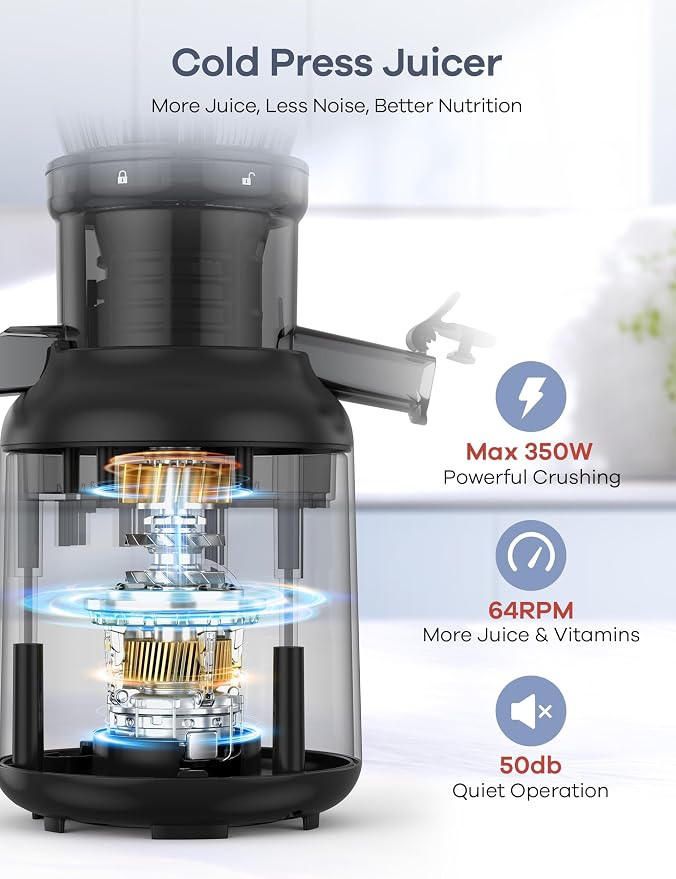Ganiza Cold Press Juicer Machines, 4.06" Wide Feed Chute, High Juice Yield | Slow Masticating Extractor for Whole Fruits & Vegetables, 3 Replaceable Filters, Ultra-Quiet Motor, Easy to Clean, BPA-Free