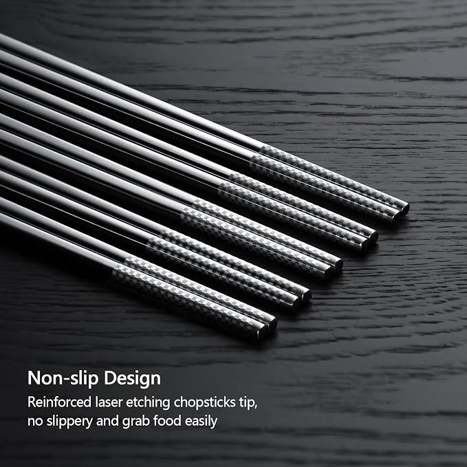 IQCWOOD 18/8 Stainless Steel Chopsticks, 5 Pairs Reusable Metal Chopsticks with Laser Engraved, Dishwasher Safe Non-Slip Square Japanese Korean Style for Cooking Eating, 9 1/4 Inches Gift Set