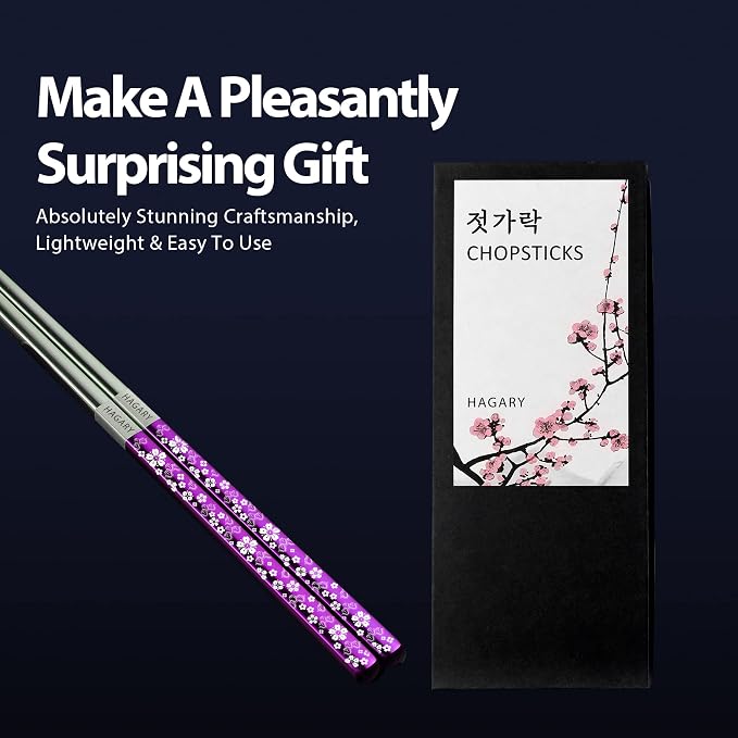 Hagary Cherry Blossom Rainbow Chopsticks Metal Chopsticks Reusable Designed In Korea Japanese Style Stainless Steel 316 18/10 Non-Slip Dishwasher Safe (Purple - 2 pairs)