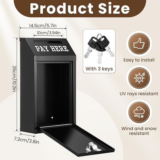 Yaocom Safe Metal Cash Box for Farm Stand – Money Drop and Secure Donation Collection, Wall Mount Lockable Unit with Pre Drilled Holes for Outdoor Self Serve(Black,10.2 x 5.7 x 2.8 Inch)