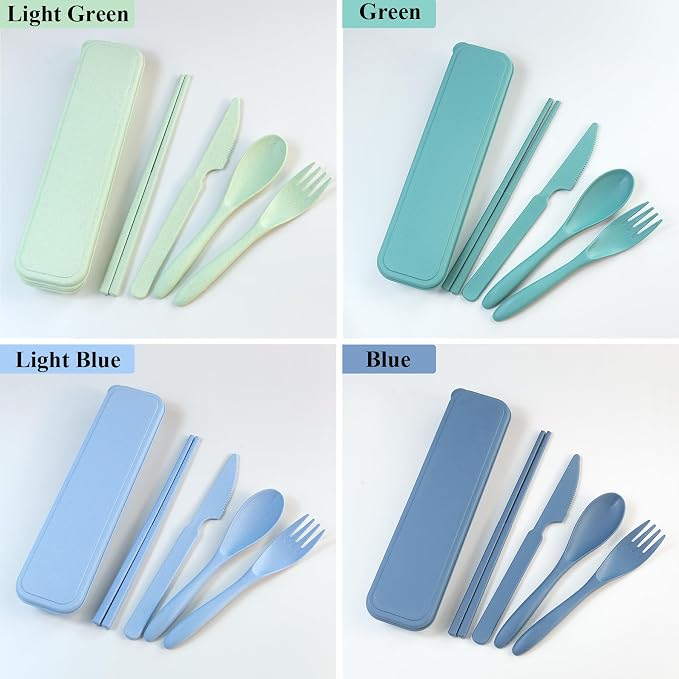 DISSKNIC Green Travel Utensils with Case, Reusable Utensil Sets for Lunch Box, Chopsticks Reusable Plastic Utensils Lunch Box Accessories for Adults,Portable Utensils Set with Case,Camping Accessories