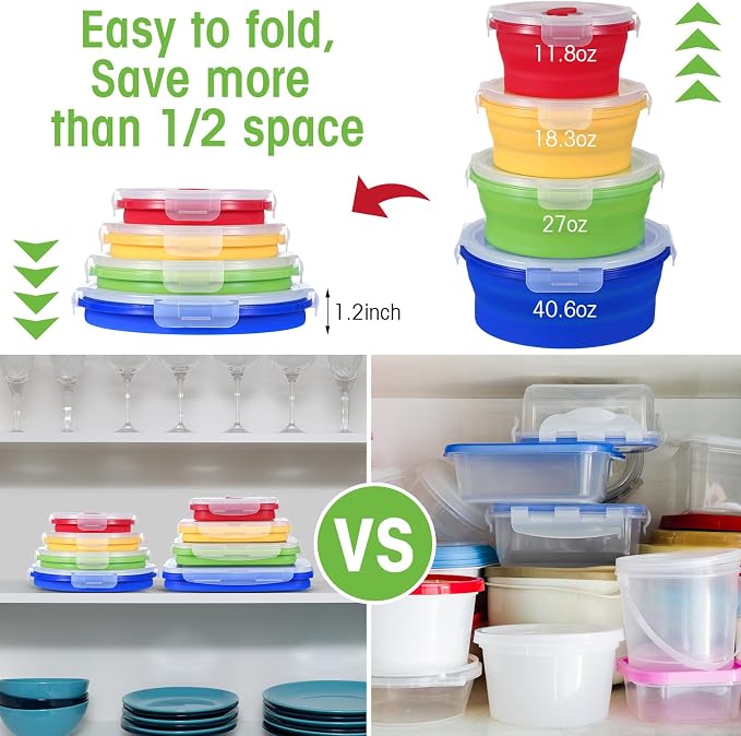 Yaomiao 16 Pack Collapsible Food Storage Containers with Lid Air Vent Foldable 8 Rectangle Storage Bowl and 8 Round Silicone Food Bow for Lunch Camping Rv Accessories Microwave Freezer(Bright Colors)