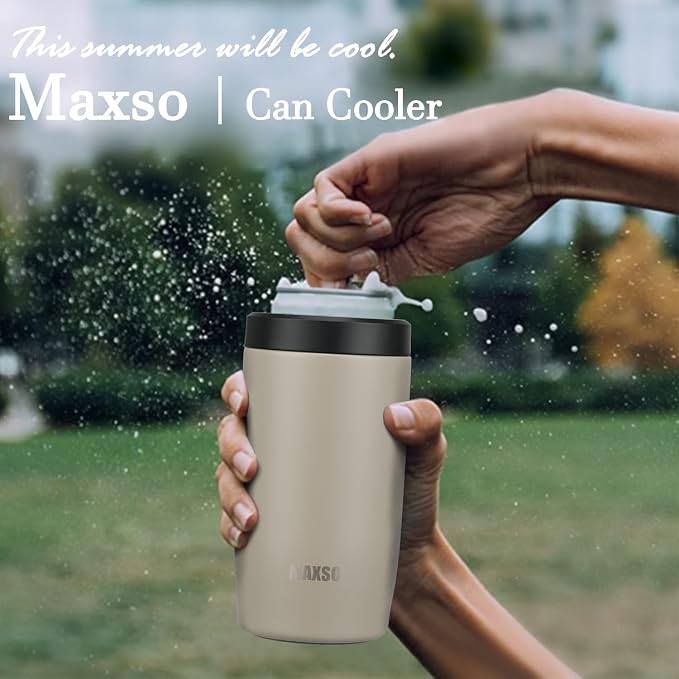 4-in-1 Slim Can Cooler Easy to Hold Insulated Beer Can Holder Double-walled Stainless Steel for All 12 Oz Cans (Beige)