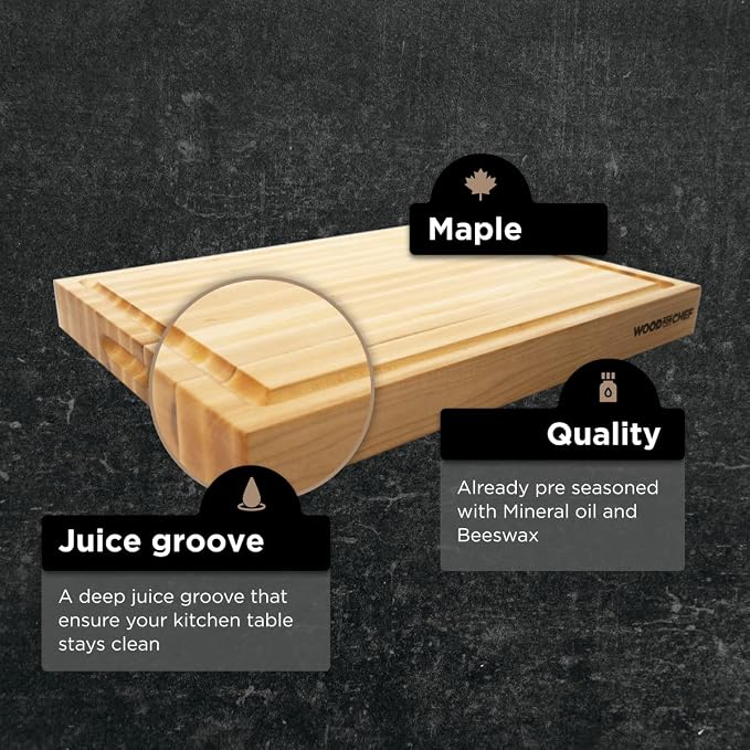 16" Classic Maple Reversible Cutting Board with Juice Groove | 16-Inch Reversible Maple Cutting Board with Deep Juice Groove and Side Handles for Chopping, Carving, and Serving