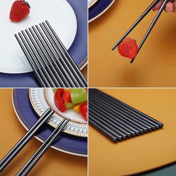 10 Pairs Reusable Chopsticks, Titanium Black Plating Stainless Steel Metal Chop Sticks, Japanese Chinese Korean Chopstick Dishwasher Safe, 8.9 Inch (Black / Chop sticks)