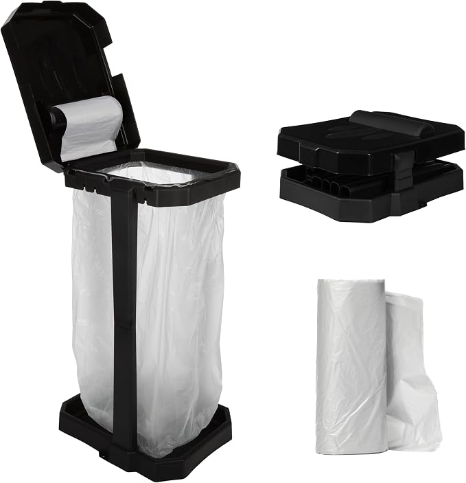 Wakeman Heavy Duty Black Trash Bag Portable Trash Bag Holder Stand with 7 Bags - Collapsible Trash Can Camping, RV, Kitchen, or Tailgate Party Garbage Bag Holder