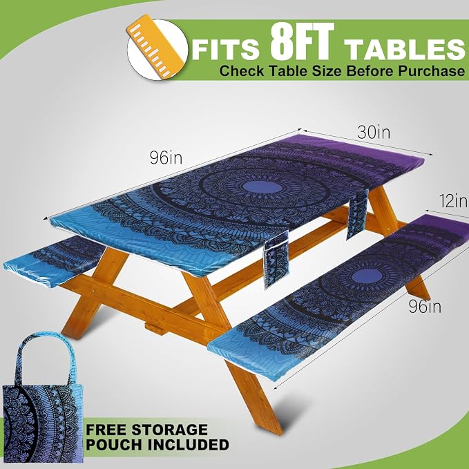 Wrakus Picnic Table Cover with Bench Covers Vinyl Elastic Edges Fitted Rectangle Seat Tables Waterproof 3-Piece96X30in Set Outdoor Rectangular Folding Backing Tablecloth for Camping Over Size