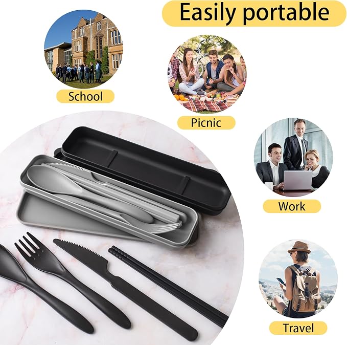 2 Sets Plastic Reusable Utensils Set with Case, Travel Chopsticks Fork Spoon Knife Set for Lunch Box, Portable Cutlery Sets for Travel Camping Daily Use (Black, Grey) | Plastic, Black and Grey, Chopsticks Fork Spoon Knife Set with Lunch Box, For Campin...