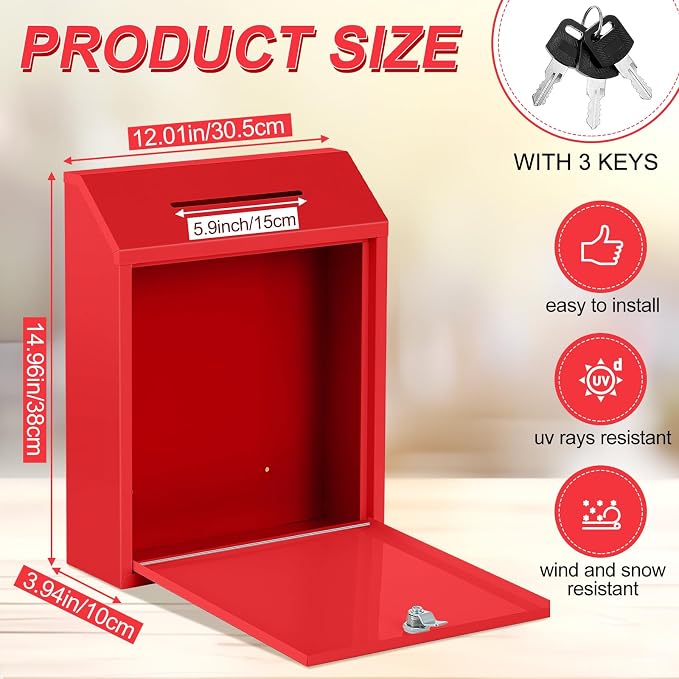 Yaocom Metal Money Box,Red,15 x 12 x 4 Inch,No Lid | Wall Mounted Drop Donation Cash Box for Farm Stand Collection Safe Suggestion Box with Lock Container for Home Office Outdoor