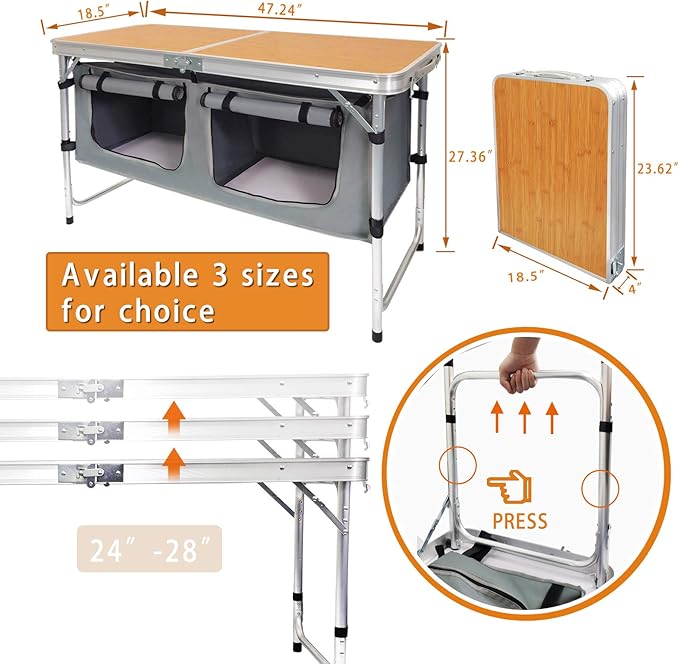 CampLand Outdoor Folding Table Aluminum Lightweight Height Adjustable with Storage Organizer for BBQ, Party, Camping