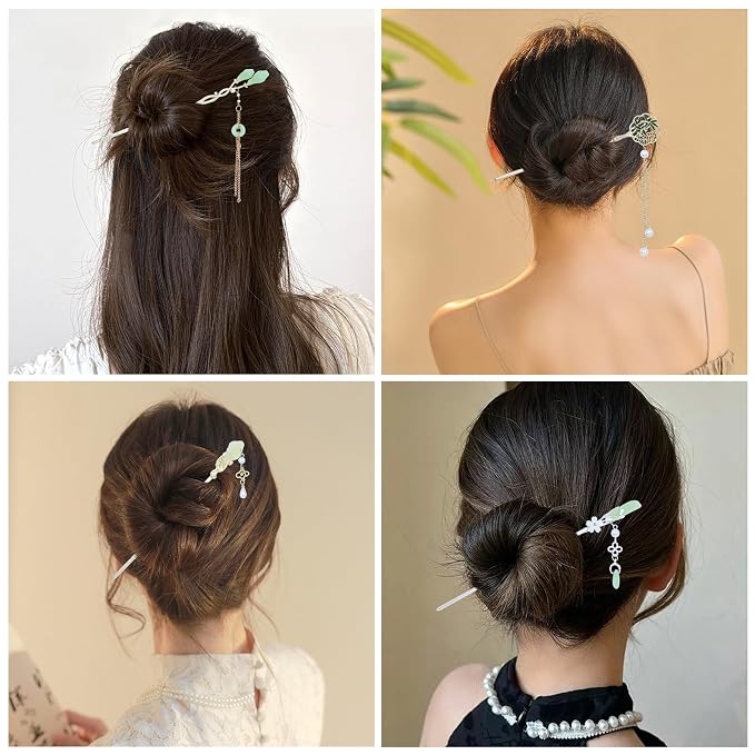 inSowni 8 Pieces Vintage Asian Chinese Traditional Hanfu Gold Metal Artificial Jade Bamboo Flower Butterfly Hair Pins with Pearl Bead Pendants Long Hair Sticks Forks Bun Updo Hairpins for Women Girls