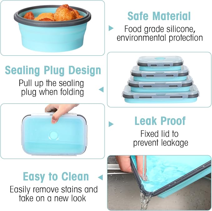 Yaomiao 16 Pack Collapsible Food Storage Containers with Lid Air Vent Foldable 8 Rectangle Storage Bowl and 8 Round Silicone Food Bow for Lunch Camping Rv Accessories Microwave Freezer(Gray, Blue)