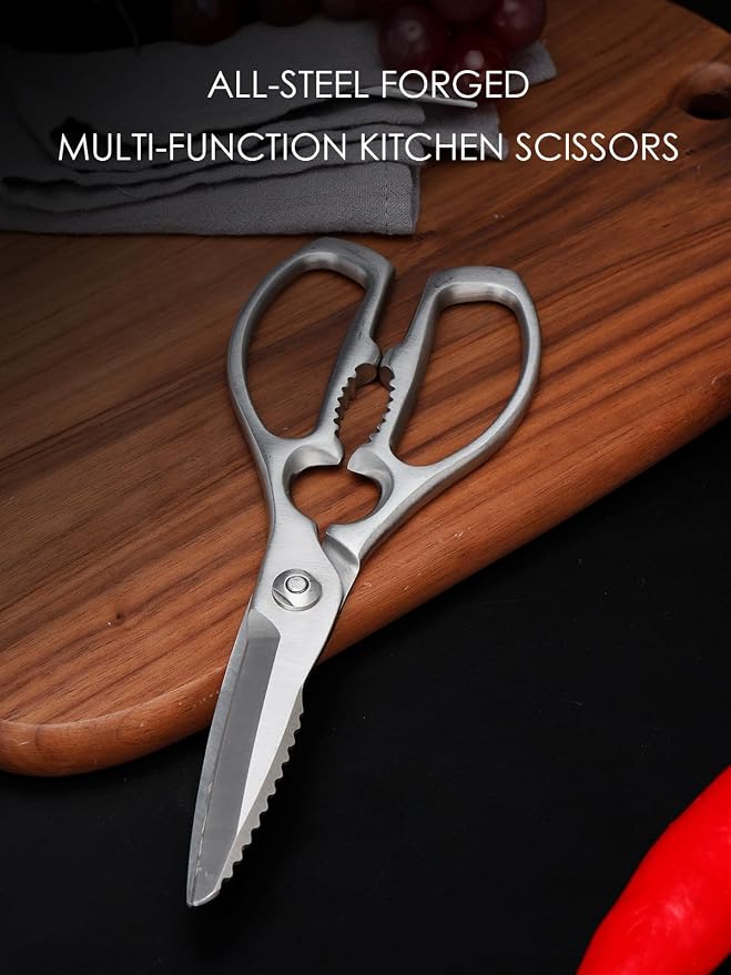 Kitchen Scissors, Forged Stainless Steel Shears for Meat and Vegetables | 3Cr14 one-piece blades with bottle opener, nutcracker and fish scaler; dishwasher safe