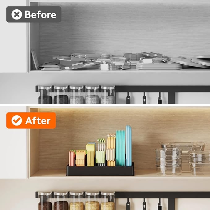 Lifewit Kitchen Cabinet Organizer for Food Contanier Lid with 7 Sections | Lid Holder with 6 Adjustable Dividers for Pantry Organizers and Storage, Home Drawer Organization, Black, Large, 13" x 10"