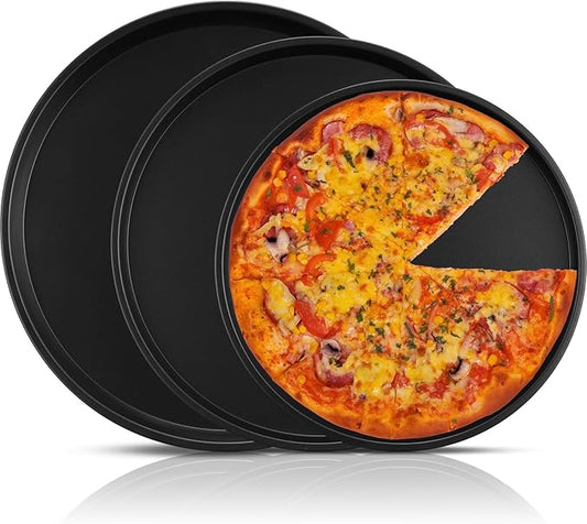 Pizza Pans 10.23/11.4/12.1 Inches Set of 3 Black Stainless Steel Non Stick Pizza Baking Pans Tray Round Serving Plate for Pie Cookie Cake Baking Grilling