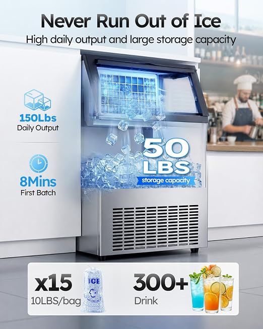 Commercial Ice Maker Machine, 150 lbs/24H Ice Production, 50 lbs Storage Bin, ETL Approval Stainless Steel Under Counter/Freestanding Ice Maker with Self-Cleaning, LED Light & Filter for Home, Bar