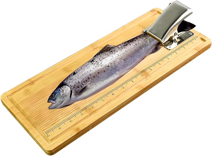 Bamboo Fish Cleaning Board Portable Fish Fillet Boards with Clamp | Fish Cleaning Tools Fishing Measuring Cutting Board Gifts for Fisherman 17.7*6.3 Inch