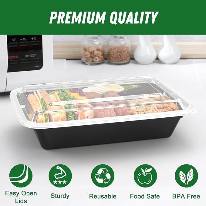 50 Pack (100-Piece) 32 oz Meal Prep Containers with Easy Open Lids, Black | Sturdy Leakproof & Food Safe, Microwave, Freezer, Dishwasher Safe Prep Containers, To Go Take Out Plastic Food Storage