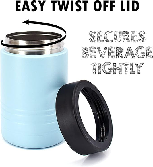 4-in-1 Stainless Steel 12 oz Double Wall Vacuum Insulated Can or Bottle Cooler Keeps Beverage Cold for Hours - Also Fits 16 oz Cans - Powder Coated Light Blue - Clear Water Home Goods