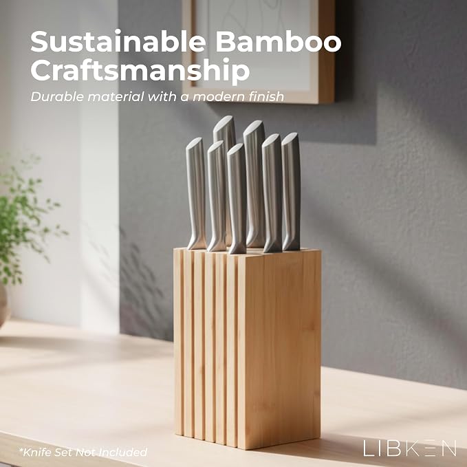 Bamboo Knife Block – Minimal Scandinavian Design, Universal Knife Holder with 6 Slots for Up to 18 Knives – Fits Paring, Chef, Steak, Butcher Knives & Scissors, Countertop Knife Block