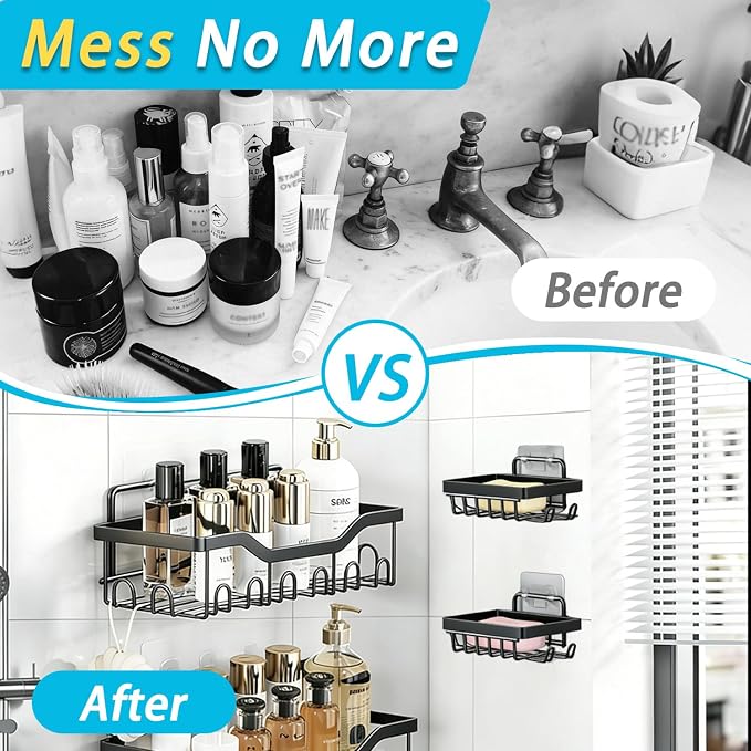Fammart Adhesive Shower Caddy, 5-Pack Rustproof Stainless Steel Bathroom Organizer with 28 Hooks, No-Drill Large Capacity Shower Shelves for Bathroom Storage & Home Décor, Black