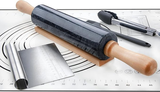 Marble Rolling Pin Set with Silicone Pastry Mat,Pastry Brush,Cooking Tongs,Stainless Steel Scraper18.5 inch Polished Non-Stick Roller for Pizza Dough,Fondant,Pie Crust(Gray Black)