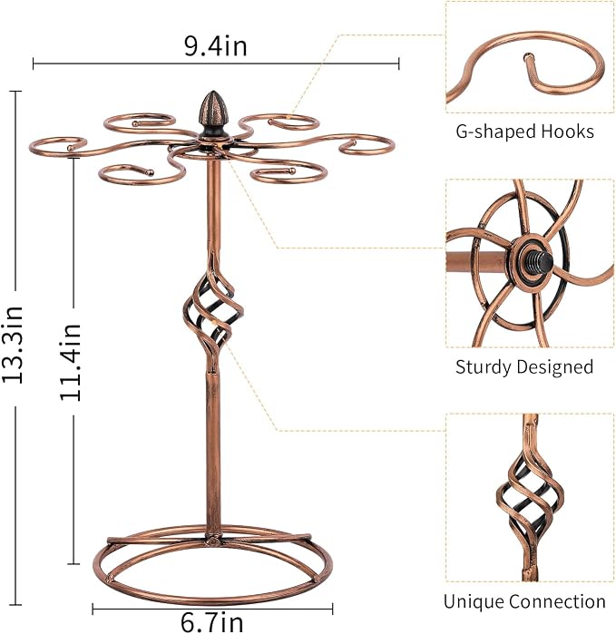 QPIX DIGITAL Wine Glass Rack, Bronze, Elegant Countertop Stemware Storage with 6 Hooks, Easy Assembly, Durable, 11"W x 11"L x 6"H