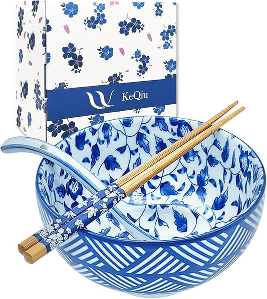 28Oz Ceramic Ramen Noodle Pho Bowl Set with Chopstick&Spoon&Gift box | Lead & Cd Free, Food Safe, Microwave/Oven/Dishwasher Safe, Matching pattern set, foam packed, ideal all-occasion gift