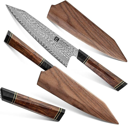XINZUO 8.5 Inch Japanese Kiritskue Chef Knife, Professional Chef Knife,Damascus Kitchen Knife for Chefs and Home Cooking, Desert Ironwood Handle, Walnut Magnetic Wooden Sheath, Acacia Wood Box Package