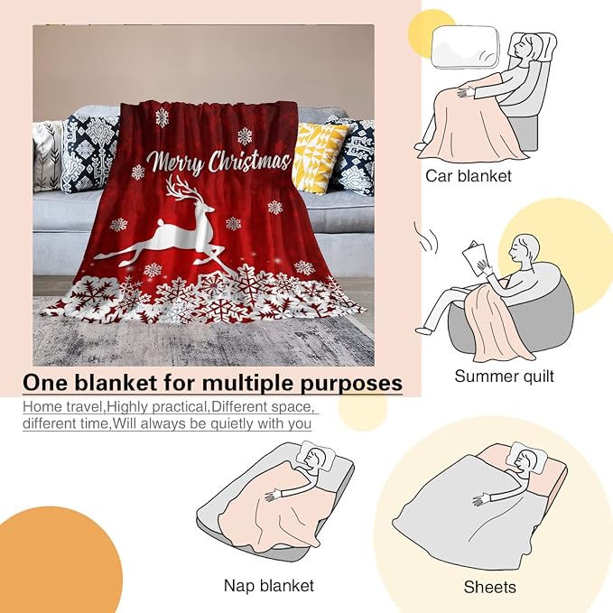 Christmas Blanket Merry Christmas Throw Blanket Red Flannel Fleece Blanket White Snowflake Printed Red White Blanket Soft Plush Blanket for Bedroom Couch Sofa 50"x60"
