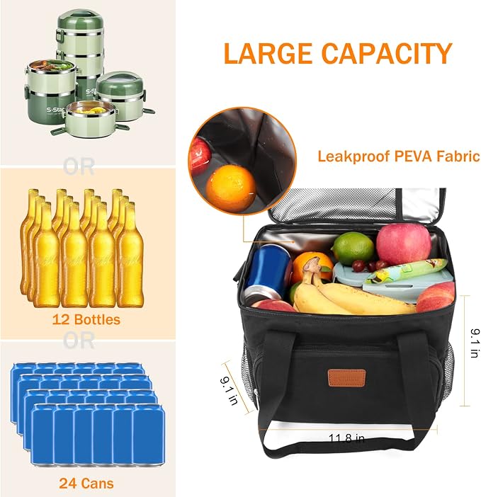 Lunch Bags for Women/Men, Insulated Lunch Bag for Work Office Picnic - Large Lunch Cooler Bag Leakproof Lunch Box with Adjustable Shoulder Strap for Adults - Black(15L)