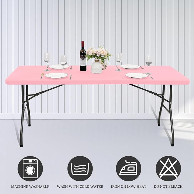 10 Pack Fitted Tablecloth for 8 Foot Rectangle Tables, Pink Elastic Outdoor Picnic Table Cover, Washable Stretch Folding Table Cloths 8 ft for Camping Party Patio Kitchen Banquet, 30" W x 96" L