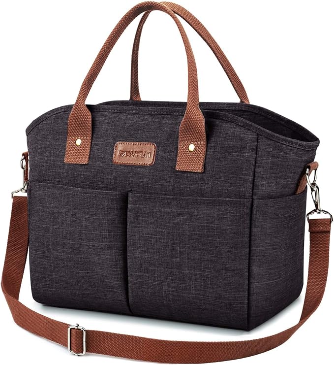 Lunch Bags for Women Insulated Thermal Lunch Tote Bag with Shoulder Strap Upgrade Large Lunch Box Container Drinks Holder for Adults Men Work Picnic Beach Park, Dark Black