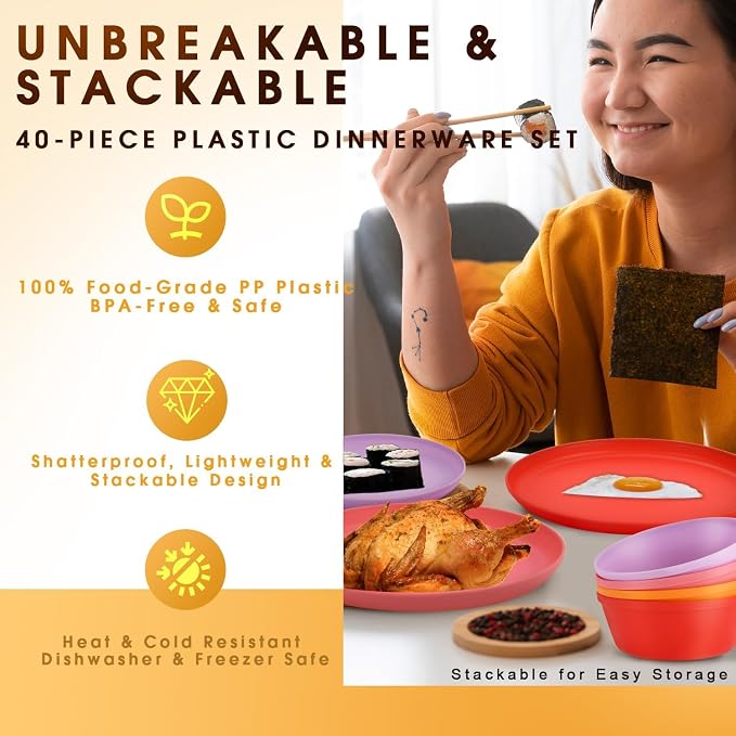 40 Piece Plastic Dinnerware Set for 8 with Cutlery, Unbreakable Plates and Bowls Set, Dishwasher & Microwave Safe Reusable Dish Set for Camping, RV, Outdoor Kitchen, Apartment Dining,Sunset Multicolor