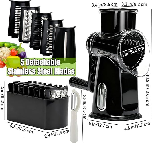 Rotary Cheese Grater with Handle, Manual Vegetable Slicer Grater with 5 Detachable Stainless Steel Blades, Round Grater Slicer Hand Crank Food Chopper for Kitchen with Blade Storage Box