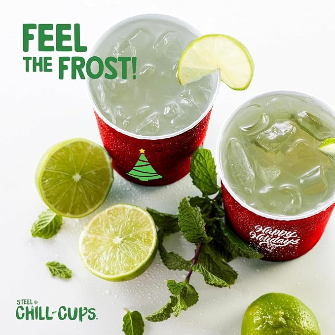 Steel Chill Cups 16 oz. Reusable Party Cups, Happy Holidays, 12 Count | Made in USA from Steel these durable cups chill fast & keep your drink cold for longer, 100% recyclable for sustainablity