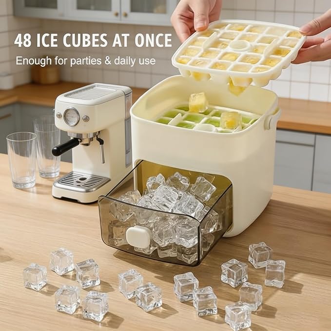 48 Ice Cube Maker with Easy Press Lid, Double Layer Tray & Bin | Includes Insulated Carry Bag & Ice Tongs,for DIY Whiskey Cocktail Coffee Beverages,Convenient and Easy to Use