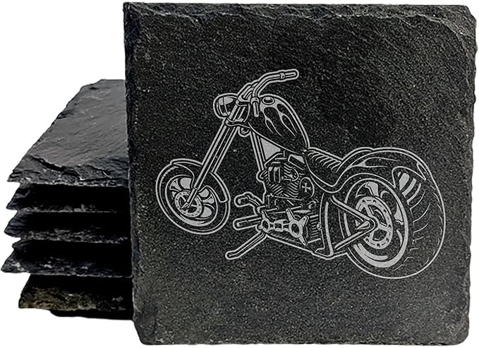Level Up Your Man Cave: Rustic Chopper Coasters for The Motorcycle Enthusiast - Square Slate - Set of 8