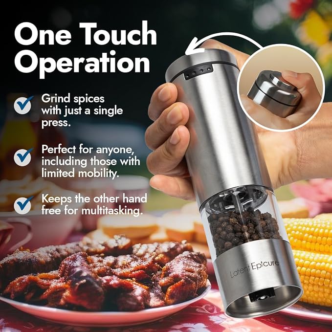 Latent Epicure Electric Salt and Pepper Grinder (SINGLE) - Rechargeable USB-C - Stainless Steel Salt, Pepper or Spice Mill with LED Light - One Handed Operation - Adjustable Ceramic Grinders