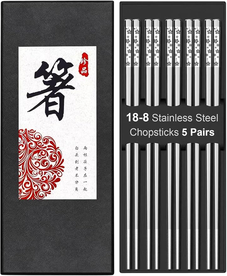 FOFAYU 5 Pairs Metal Chopsticks Reusable 18/8 stainless steel Chopsticks Japanese Style Dishwasher Safe Lightweight Non-Slip Chop Sticks 9 1/4 Inches Present Set