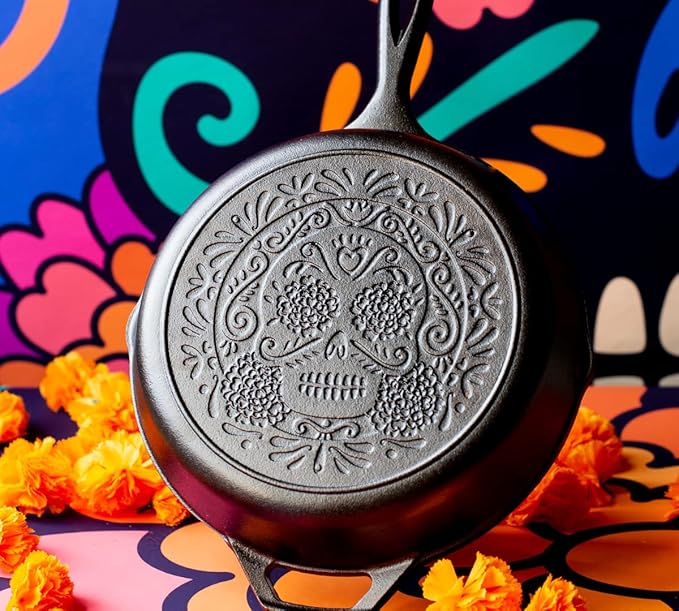 Lodge 10.25 Inch Pre-Seasoned Cast Iron Stamped Skillet - Signature Teardrop Handle - Use in the Oven, on the Stove, on the Grill, or Over a Campfire - Sugar Skull