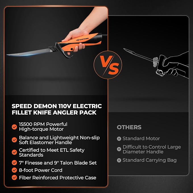 KastKing Speed Demon 110v Electric Fillet Knife for Fish | 7'' & 9'' Blades, 420 Stainless Blade, 15500 RPM AC Motor, Non-Slip Grip & Safety Lock, 8 Foot Power Cord, Protective Case