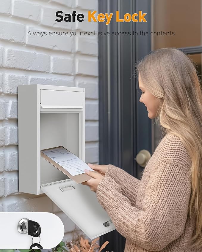 Uniclife Wall Mount Mailbox for Outside, Locking Mail Box, White | Large Mailbox with Key Lock, Security Mail Box for House, Safe Key Drop Box, Steel Cash Drop Box for Home Office School
