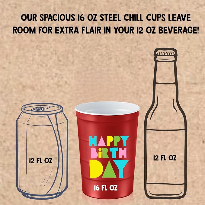 Steel Chill Cups 16 oz. Reusable Party Cups, Happy Birthday, 12 Count | Made in USA from Steel these durable cups chill fast & keep your drink cold for longer, 100% recyclable for sustainablity
