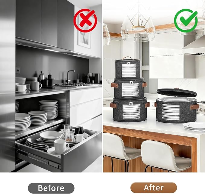 4-Piece Set China Storage Containers, Dish Storage with Clear Windows, Hard Shell Plate Storage Containers with Handles, Stackable Sturdy Dish Packing Supplies for Moving & Protection, Dark Gray