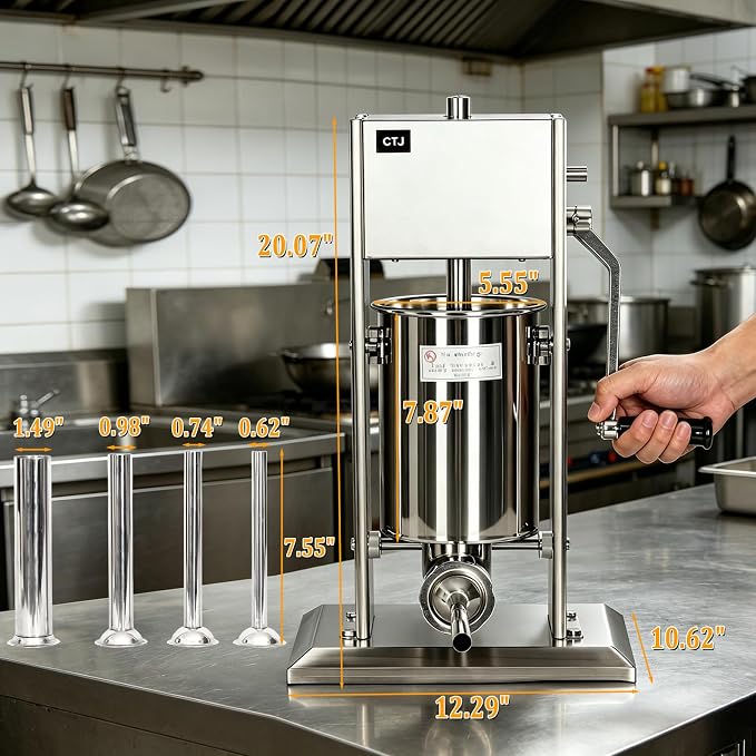 CTJ Sausage Stuffers Stainless Steel Sausage & Churro Maker 3L/7Lb | Manual 2 in 1 Sausage Stuffer & Churro Maker, 2-Speed Adjustable Vertical Sausage Maker, 4 Stuffing Tubes & Churros Nozzle