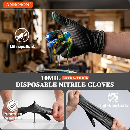 ANBOSON 10 Mil Heavy Duty Industrial Nitrile Gloves, Black XLarge 500 Count | 500 Ct Diamond Texture, Disposable Latex Free Rubber Gloves for Auto Repair,Workshop,Warehouses,Chemical Handling Industrial