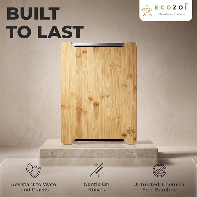 Bamboo Cutting Board by Ecozoi with 2 Slide Out Drawers. Keep Meal Prep Organized With Organic Bamboo Wooden Chopping Station. Non-Slip Butcher Block with Juice Groove for Easy Cleaning