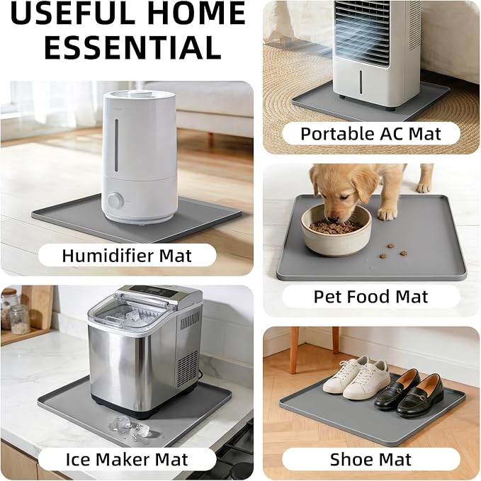Water Cooler Mat 19.7x19.7 Inch - Soft Silicone Mat with Raised Edges, Waterproof Silicone Tray to Prevent Leak & Floor Damage, Anti-Slip Pad for Mini Fridge, Humidifier, Ice Maker, Gray